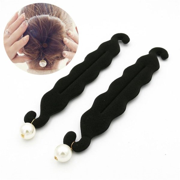 2 Pcs Womens Hair Styling Tools Pearl Foam Sponge Donut Bun Maker Clip