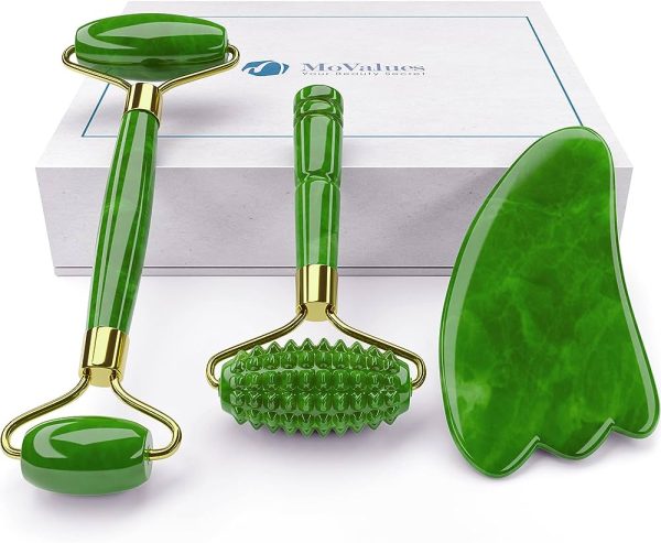 4 Pack Jade Roller Facial Ridged Roller Kits Skin Roller with 2 Pieces