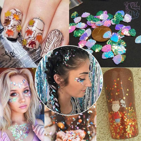 48 Boxes Holographic Nail Sequins, FITDON Shell Round Star Leaf Butterfly