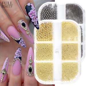 6 Boxes Nail Art Rhinestones Rose Gold Nail Rivets Studs, Charms Nail Sequins