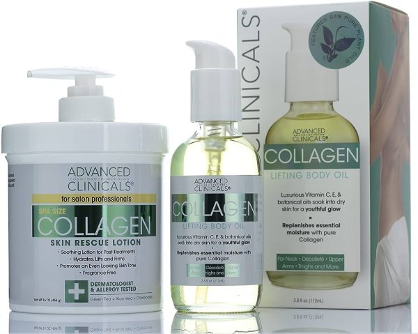 Advanced Clinicals Anti-Aging Collagen Cream and Collagen Body Oil Set. Large 16oz cream for face and body and 4oz body oil helps firm and tighten skin.
