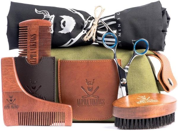 Alpha Vikings Beard Care Grooming Kit for Men. Maple Wood Beard Brush