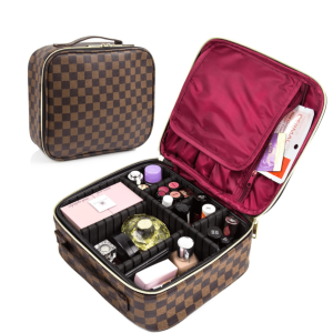 AMRA Luxury Checkered Make Up Bag | PU Vegan Leather Cosmetic
