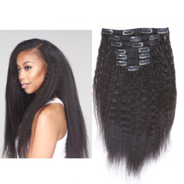 Anrosa Yaki Clip ins Yaki Hair Extensions Clip in Human Hair 1B Natural Black