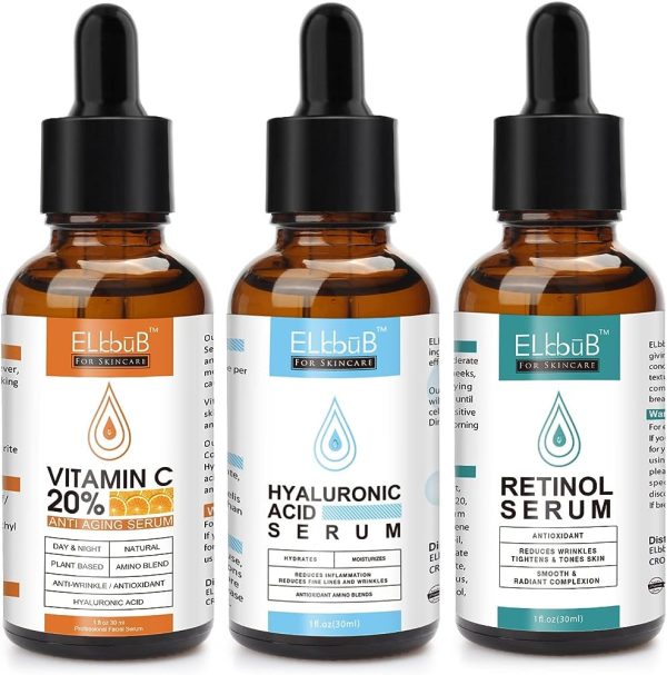 Anti Aging Serum 3-Pack for Face - Vitamin C Serum, Retinol Serum
