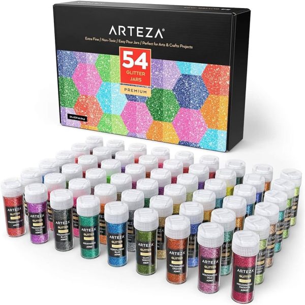 ARTEZA Fine Glitter, Set of 54 Colors, Shaker Jars Glow Under UV Black Light