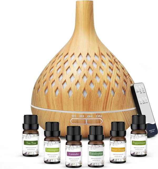 ASAKUKI 400ml Essential Oil Diffuser with 6 Bottles 10ml Pure Natural Essential Oils