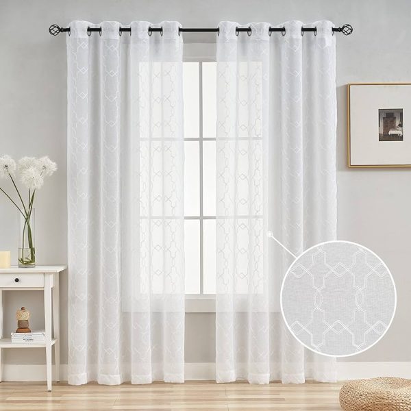 AUFENLLY Moroccan Pattern Embroidered Sheer Curtains 84 Inch
