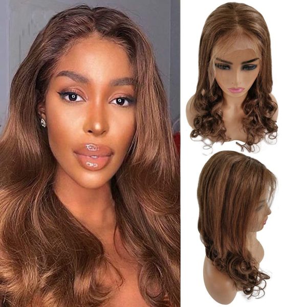 Balayage Human Hair Lace Front Wig Highlighted Color Medium Brown