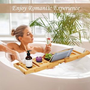 Bamboo Bathtub Caddy Tray, Expandable Bath Tray for Tub