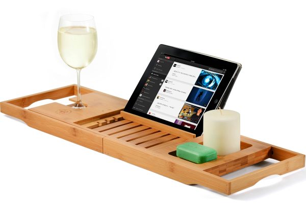 Bamboo Bathtub Tray Caddy Expandable with Wine Glass Holder