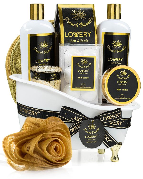 Bath Gift Basket Set for Women: Relaxing at Home Spa Kit Scented with French Vanilla