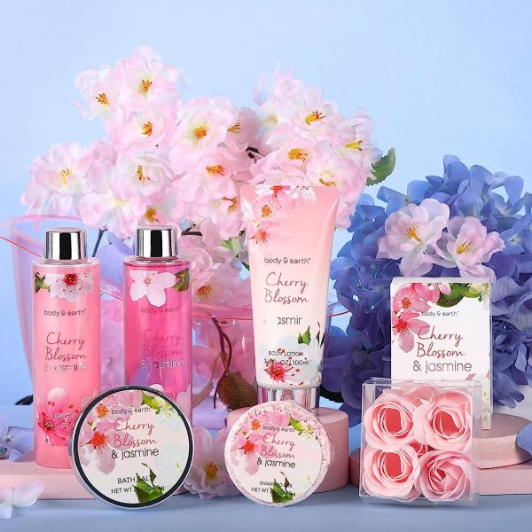 Bath Set for Women - Body&Earth 8 Pcs Gift Basket with Cherry Blossom &