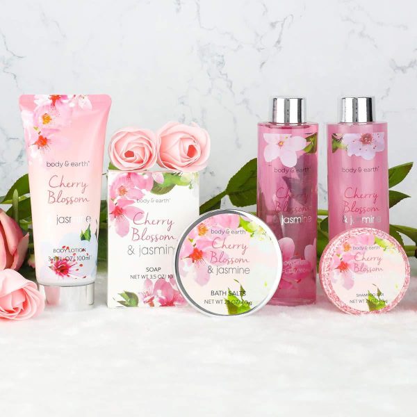 Bath Set for Women - Body&Earth 8 Pcs Gift Basket with Cherry Blossom & Jasmine