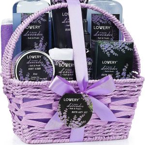 Bath Spa Basket Gift Set, 8 Pcs Home Relaxation Set with Lavender & Jasmine Scent