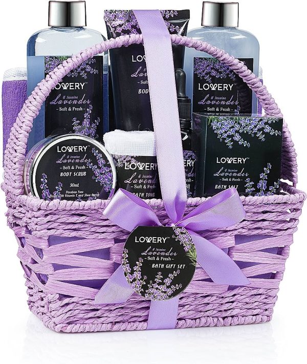 Bath Spa Basket Gift Set, 8 Pcs Home Relaxation Set with Lavender & Jasmine Scent