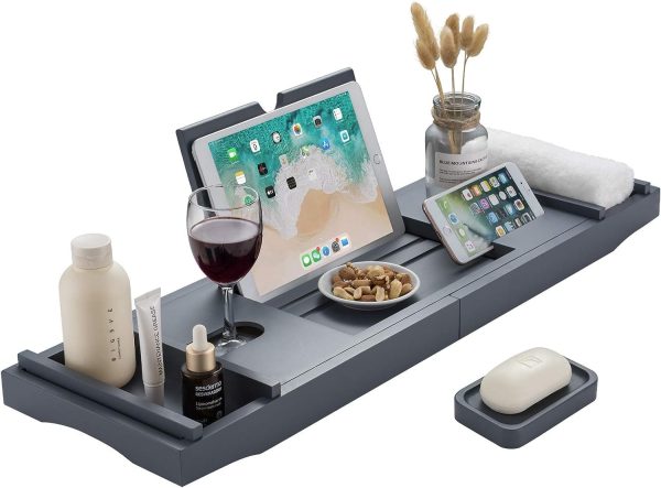 Bathtub Caddy Table with Book Wine Phone Holder