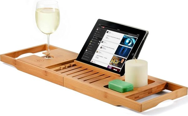 Bathtub Tray Caddy Bamboo 2 in 1 Bath Tub Tray