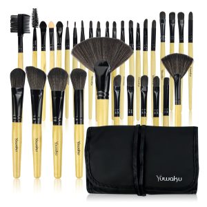 Beige Makeup Brush, Yuwaku 32pcs Wooden Make Up Brushes Set