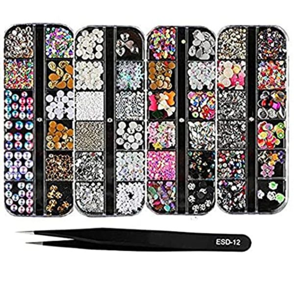 BEINNY 4 Boxes 12 Grids Nail Art Rhinestones + 1 PC Dotting Pen