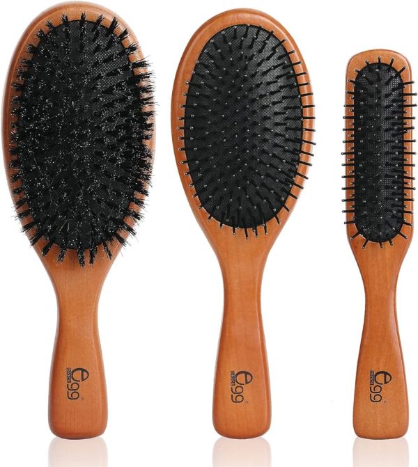 BLACK EGG Boar Bristle Hair Brush with Wooden Paddle for Thin