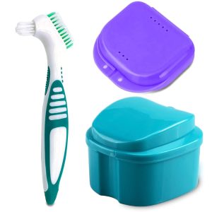 Denture Bath Case Cup with Denture Cleaner Brush