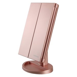 deweisn Tri-Fold Lighted Vanity Makeup Mirror with 21 LED Lights,3X/2X Magnification Mirror,Touch Sensor Switch, Two Power Supply Mode Tabletop Makeup Mirror,Travel Cosmetic Mirror (Rose Gold)