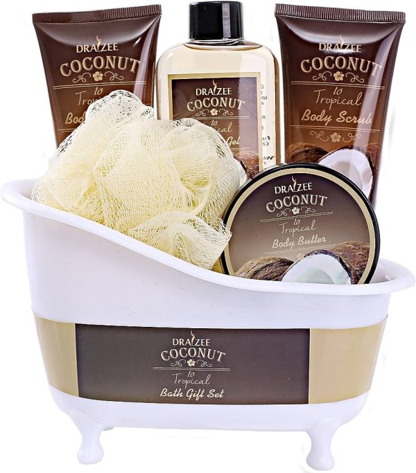 Draizee Coconut Home Gift Spa Basket, Luxury 5 piece Relaxation Set for Mom