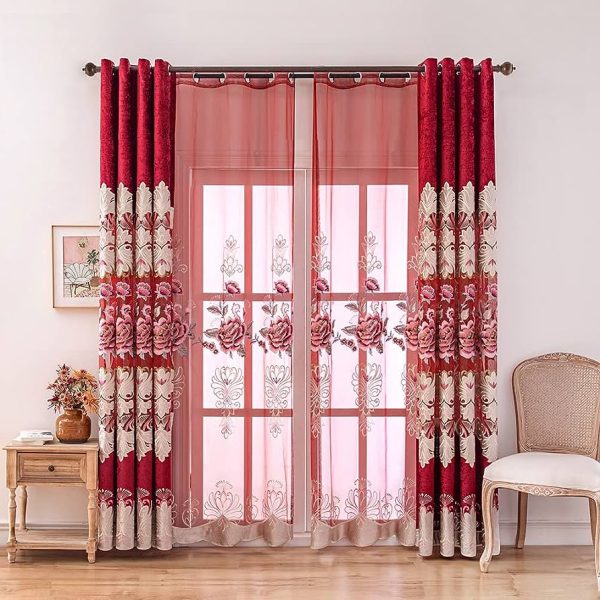 ELKCA Luxury Burgundy Red Floral Sheer Curtains for Bedroom