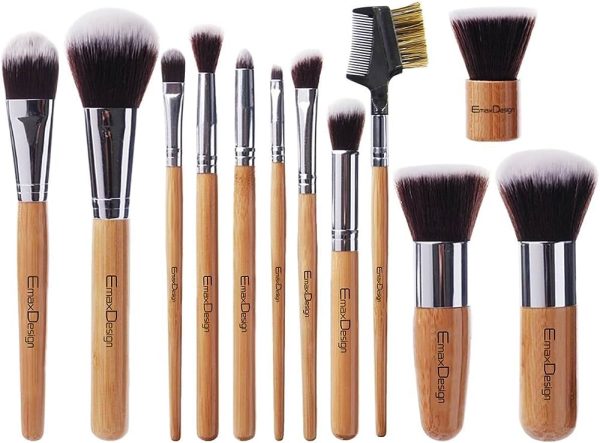 EmaxDesign 12 Pieces Makeup Brush Set Professional Bamboo Handle Premium