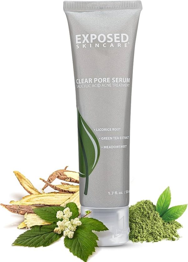 Clear pore serum in a sleek bottle, featuring natural ingredients like green tea, salicylic acid, and licorice root for glowing, balanced skin. 