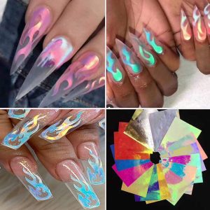 Flame Reflections Nail Stickers - 16PCS Holographic Fire Flame Nail Art Decals
