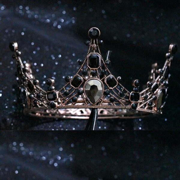 FUMUD Baroque Vintage Black Rhinestone Beads Round Big Crown Wedding Hair