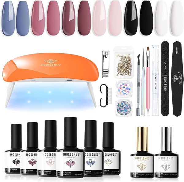 Gel Nail Polish Kit with UV light - Soak Off Gel Base Top Coat 6W Nail Lamp