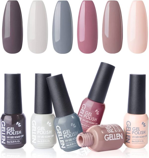 Gellen Gel Nail Polish Set - Nude Grays 6 Colors, Popular Nail Art Colors UV LED