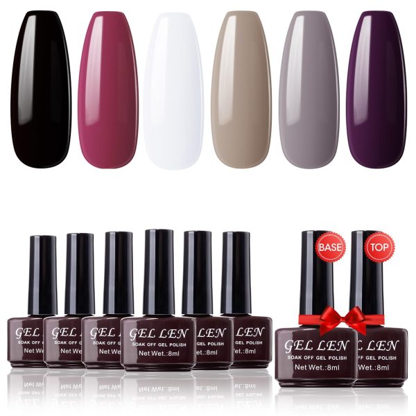 Gellen Gel Polish Starter Kit - Selected 6 Colors, with Top Coat Base Coat Nail