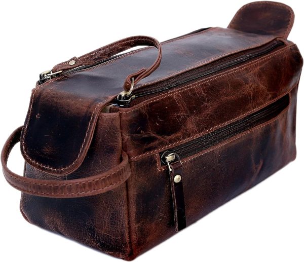 Genuine Buffalo Leather Unisex Toiletry Bag Travel Dopp Kit