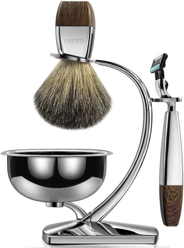 GRUTTI Premium Shaving Brush Set with Luxury Badger Brush Stand and Razor