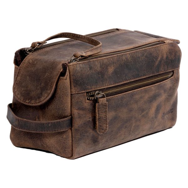 Hell Blues Genuine Buffalo Leather Toiletry Bag,Unisex Travel Dopp Kit