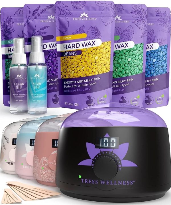 Tress Wellness Hair Removal Digital Wax Warmer Kit with 5 Wax Bean Packs and 47 Accessories for Professional Home Waxing Results