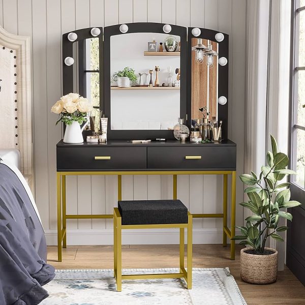 HONBAY Makeup Vanity Table Set, Cushioned Stool and Surprise Gift