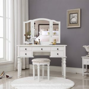 HONBAY Trifold Mirrors Makeup Vanity Table Set