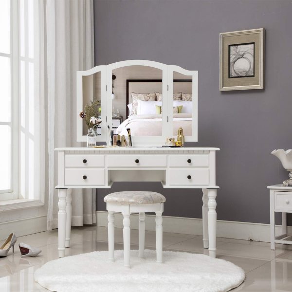 HONBAY Trifold Mirrors Makeup Vanity Table Set, Cushioned Stool