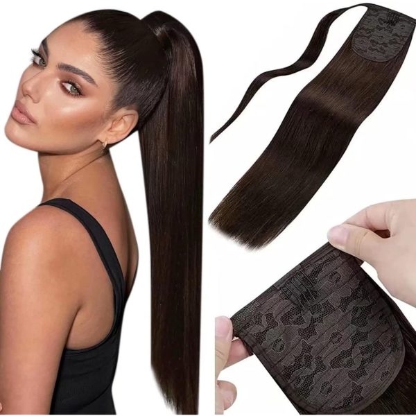 LaaVoo 18" Natural Black Real Human Hair Kinky Straight Ponytail