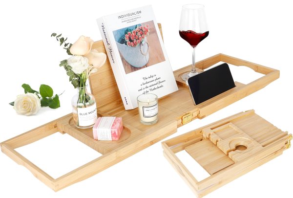 Luxury Bamboo Bathtub Caddy Tray with Book and Wine Holder