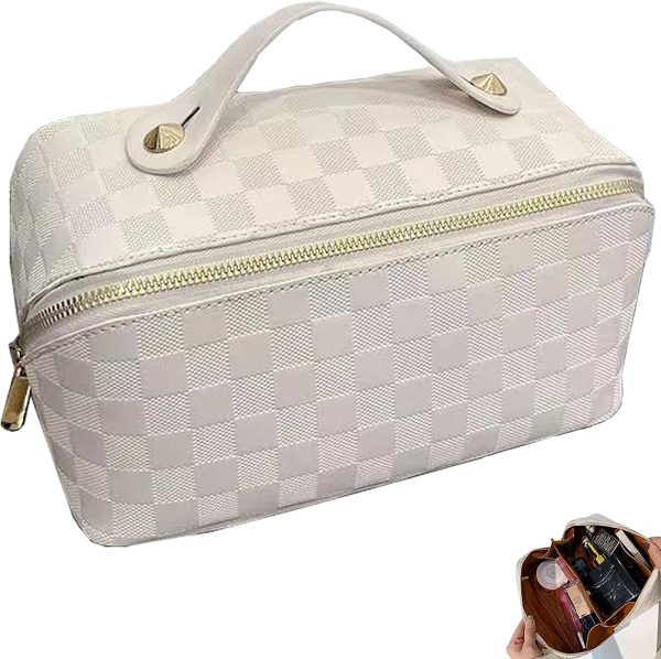 Luxury Checkered Cosmetic Bag Two-Zipper Make Up Bag PU Leather Toiletry