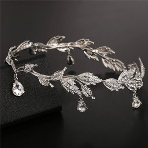 Luxury Silver Handmade Ribbon Rhinestone Crystal Leaves Floral Bridal