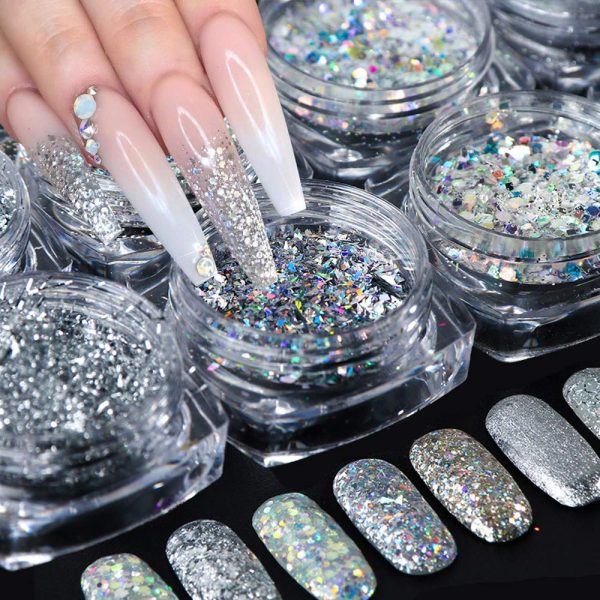 Macute Sparkle Nail Glitters 8 Boxes Gold Silver Nail Art Sequins Metallic