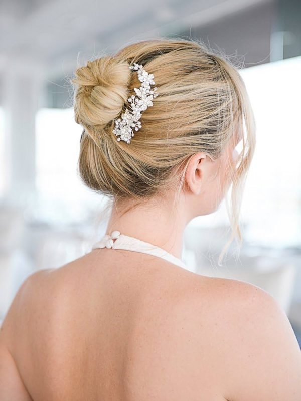 Mariell Brushed Silver Handmade Austrian Crystal & White Pearl Wedding Comb