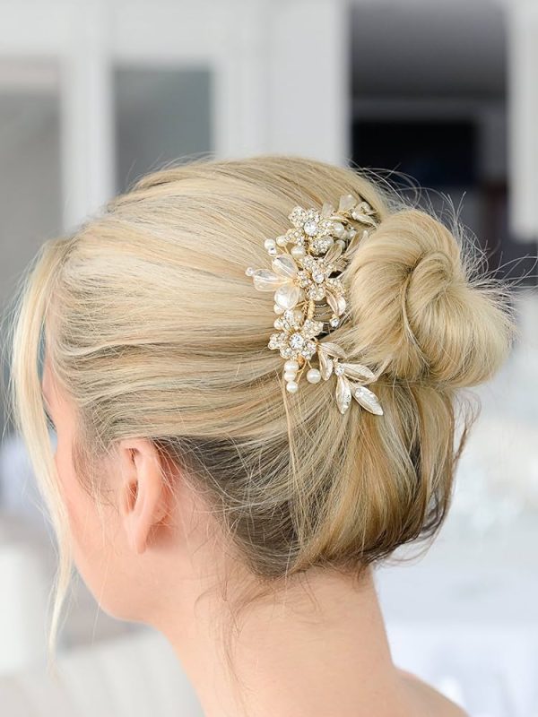 Mariell Designer Gold Bridal Hair Comb with Hand Painted Silvery-Golden